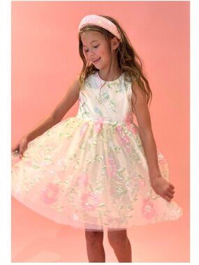 Lola + The Boys White Floral Sequin Girls' Formal Dress - Pink & Green